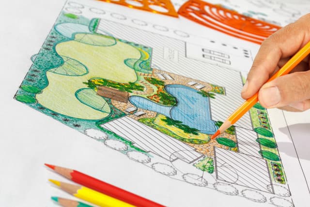 Landscape design sketch with colored pencils
